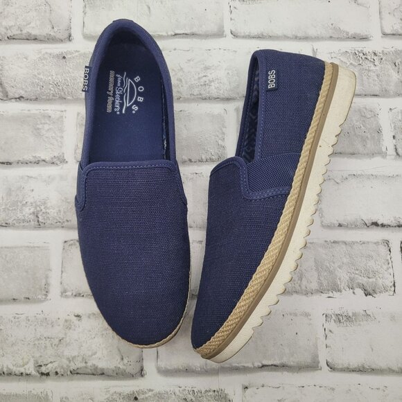 BOBS by Skechers Flexpadrille Navy Linen Look Slip on Memory Foam Women's Size 8 - Picture 1 of 7